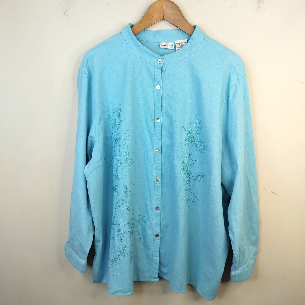 White Stag Floral Embroidered Linen Blend Shirt 22W / 24W Womens Button Down